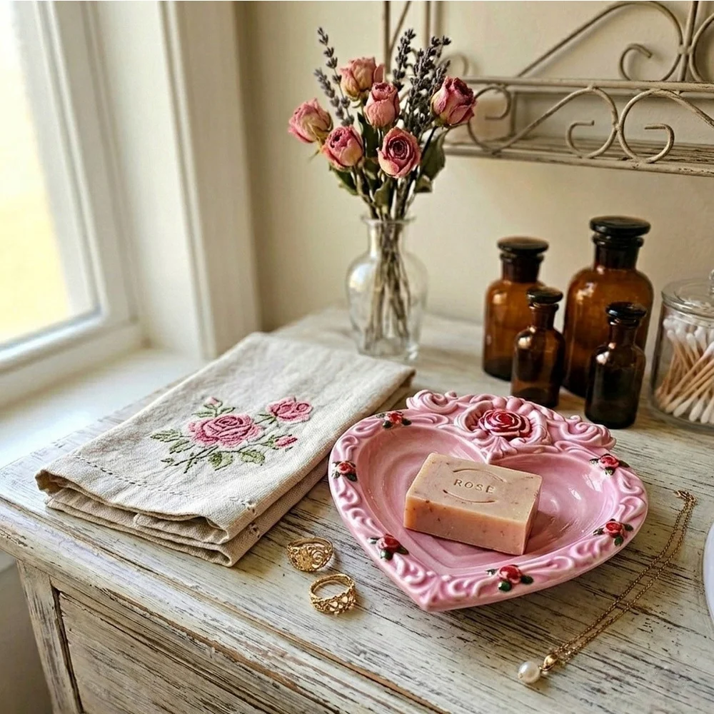 Vintage Pink Ceramic Heart-Shaped Soap Dish Tricket Tray – 3D Rose Accents